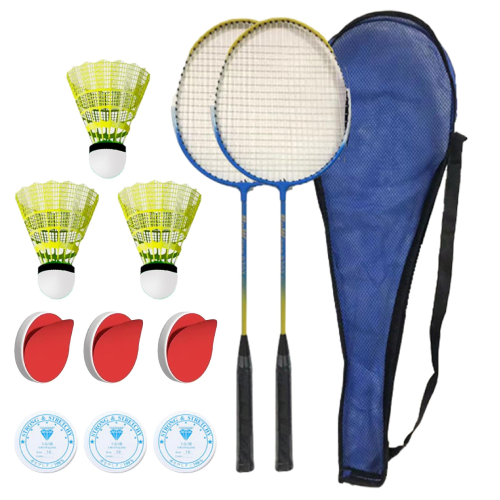 Badminton accessories including grips, shuttlecocks, strings, racket bags